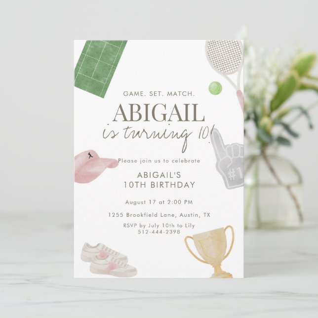 Pink Tennis 10th Birthday Party for Girls Preppy  Invitation (Standing Front)