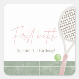 Pink Tennis First Birthday Preppy Classic Party Square Sticker