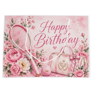 Pink Tennis Happy Birthday Floral Watercolor Large Gift Bag