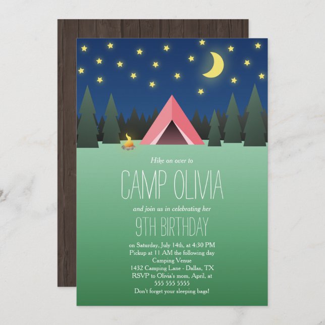 Pink Tent Under the Stars Birthday Camping Invitation (Front/Back)