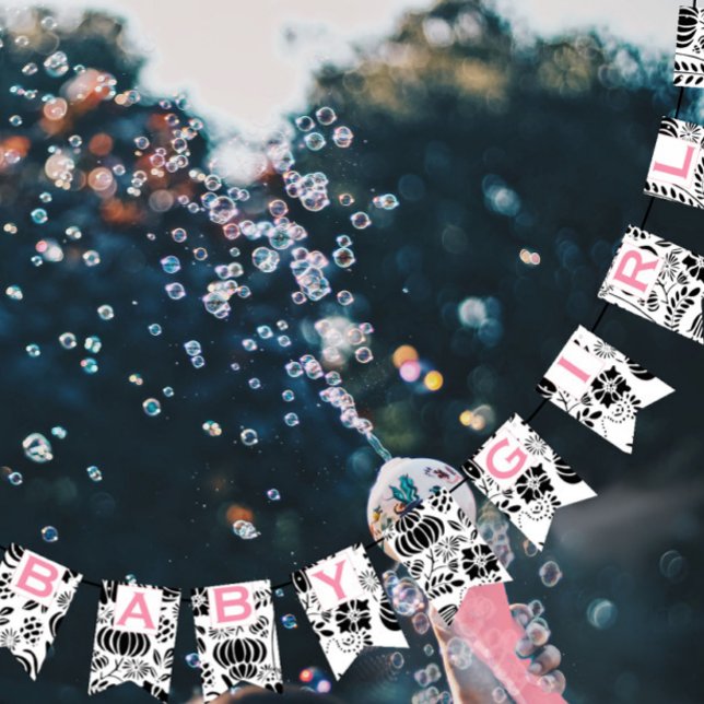 Pink Text Black & White Floral Pattern Baby Girl Bunting (Creator Uploaded)