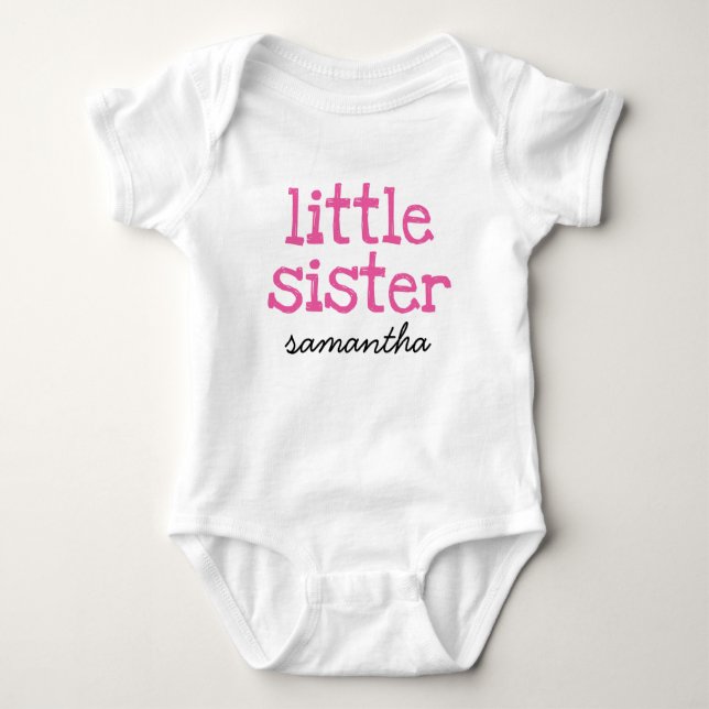 Pink Text Little Sister Custom Add Name Baby Bodysuit (Front)