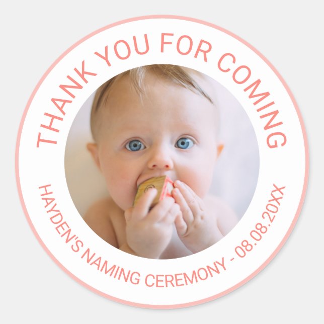 Pink Thank You For Coming Naming Ceremony Photo Classic Round Sticker (Front)