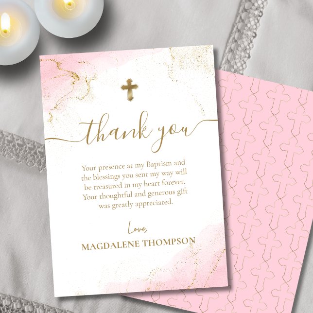Pink Thank You Gold Cross Girl Baptism Card (Creator Uploaded)