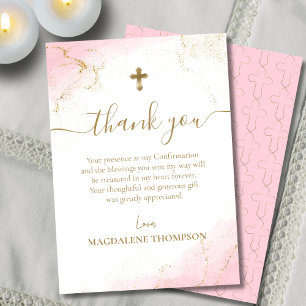 Pink Thank You Gold Cross Girl Confirmation Card