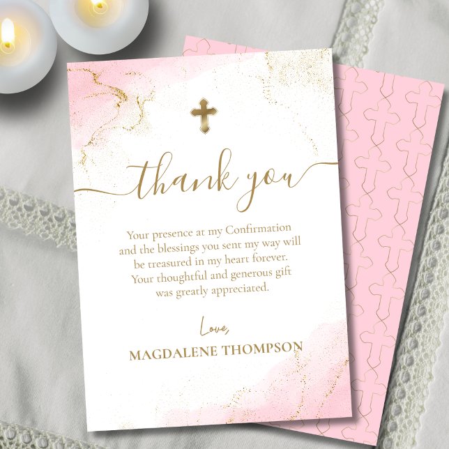 Pink Thank You Gold Cross Girl Confirmation Card (Creator Uploaded)