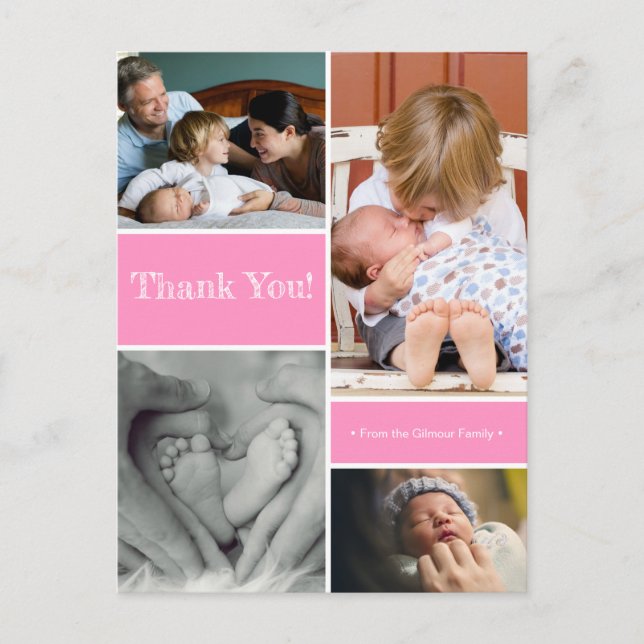 Pink Thank you second baby birth announcement Postcard (Front)
