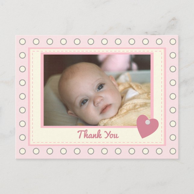 Pink thanks for baby gift with photo postcard (Front)