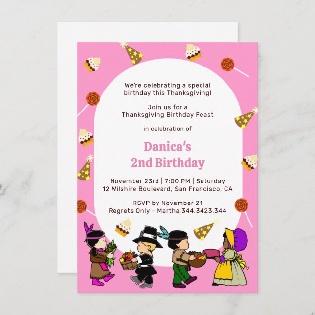 Pink Thanksgiving Birthday Kid's Party Invitation (Front/Back)