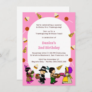 Pink Thanksgiving Birthday Kid's Party Invitation