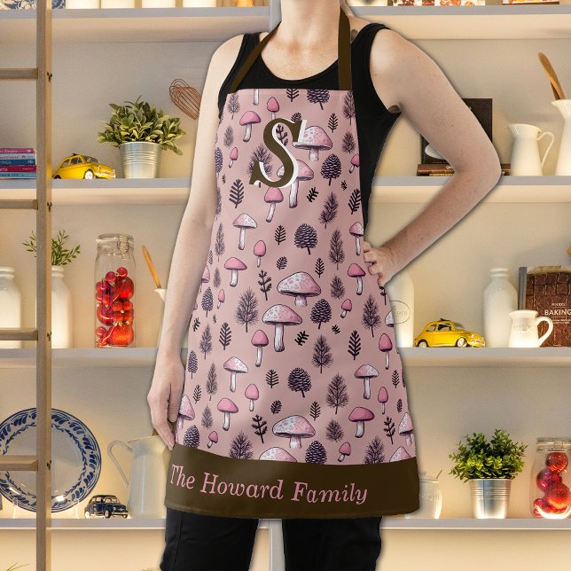 Pink Thanksgiving Fall Mushrooms Custom Monogram  Apron (Creator Uploaded)