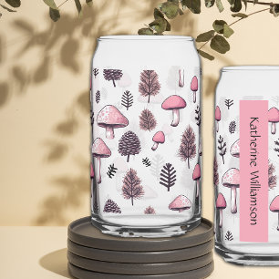 Pink Thanksgiving Fall Mushrooms Personalise Name Can Glass