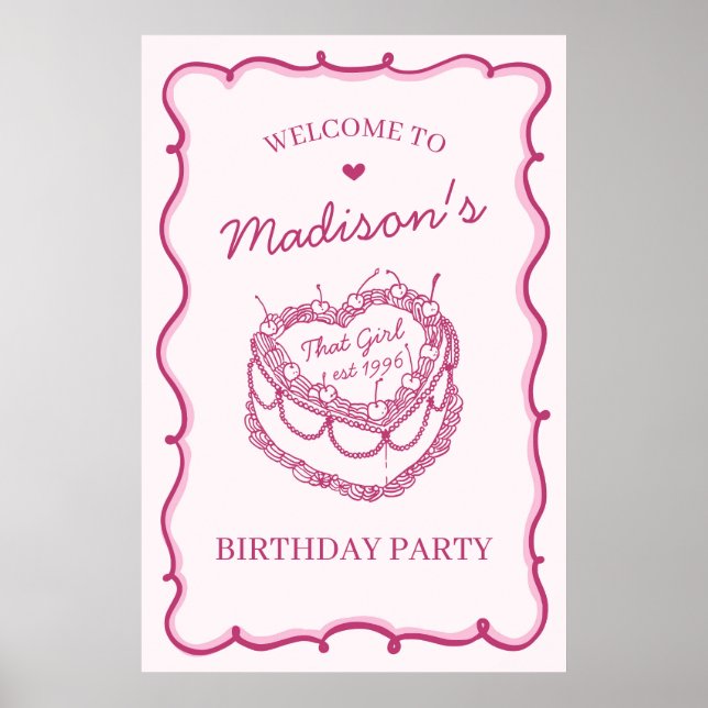 Pink That Girl Heart Cherry Cake Birthday Welcome Poster (Front)