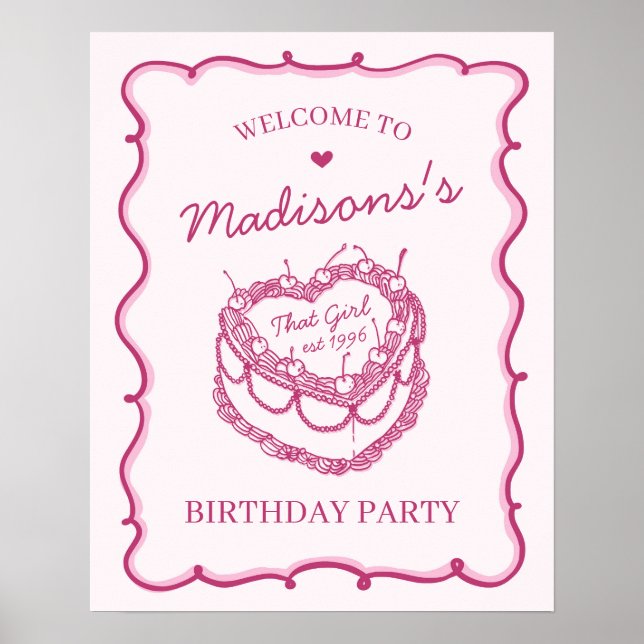 Pink That Girl Heart Cherry Cake Birthday Welcome Poster (Front)