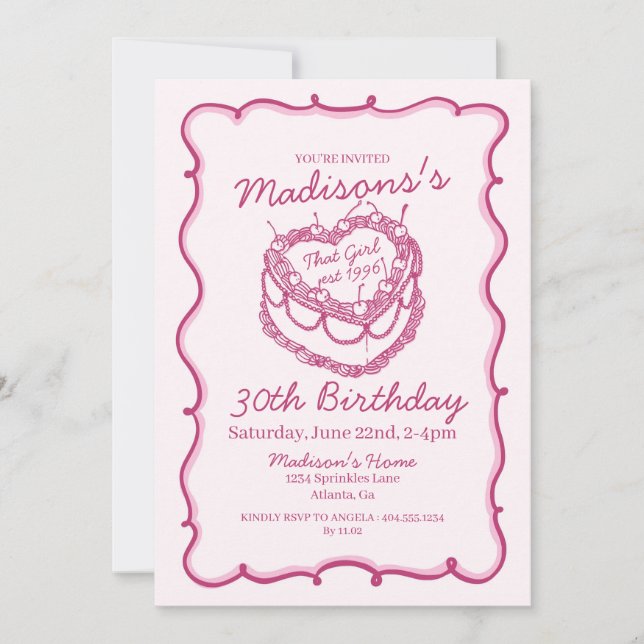 Pink That Girl Heart Coquette Cherry Cake Birthday Invitation (Front)