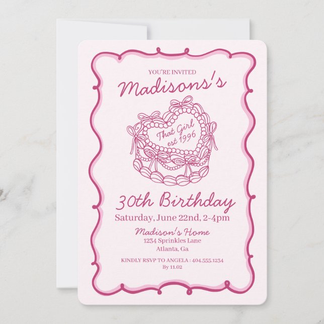 Pink That Girl Retro Heart Coquette Cake Birthday Invitation (Front)