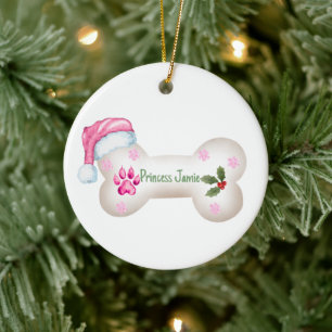 Pink Theme Personalizable Dog Bone Christmas Ceramic Ornament
