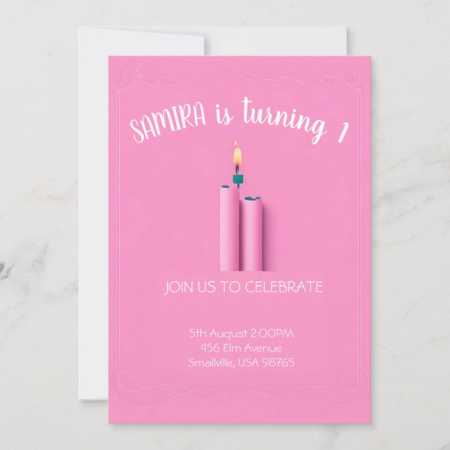 Pink themed 1st birthday invitation with candle (Front)