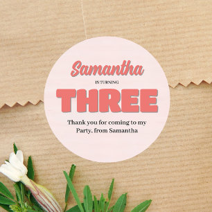 Pink Third Birthday Girl Party Floral Classic Round Sticker