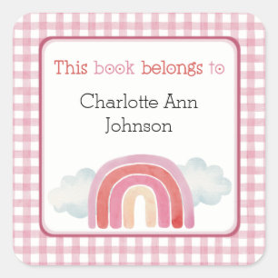 Pink This Book Belongs to Sticker with Rainbow