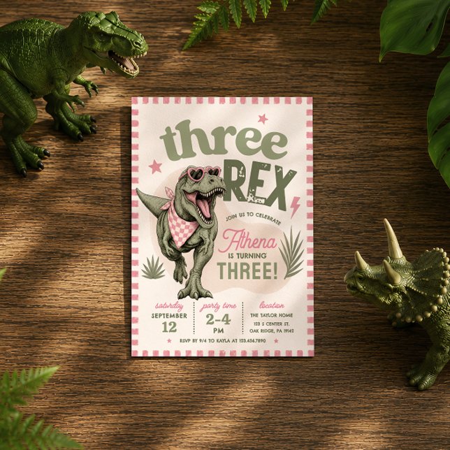 Pink Three Rex Dinosaur 3rd Birthday Invitation (Creator Uploaded)