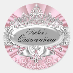 Pink Tiara & Damask Quinceanera Sticker