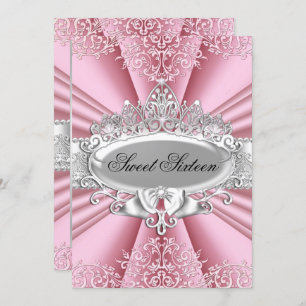 Pink Tiara Damask Sweet 16 Birthday Party Invitation