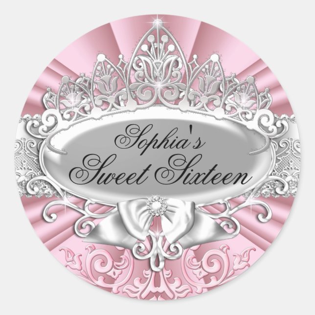 Pink Tiara & Damask Sweet Sixteen Sticker (Front)
