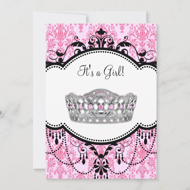 Pink Tiara Pink Black Damask Baby Shower Invitation (Front)