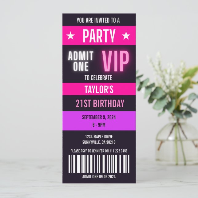 Pink Ticket 21st Any Age Birthday Party  Invitation (Standing Front)