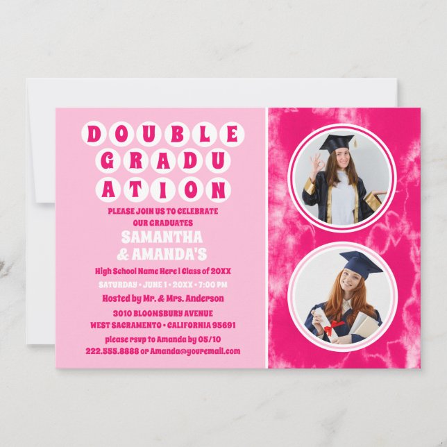 Pink Tie Dye Photo Double Graduation Party  Invitation (Front)