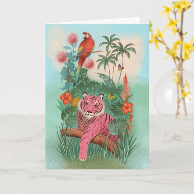 Pink Tiger and Parrot Tropical Jungle Blank  Card (Yellow Flower)
