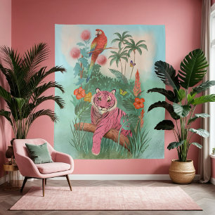 Pink Tiger and Parrot Tropical Jungle Large Tapestry