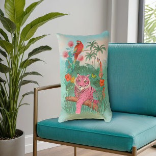 Pink Tiger and Parrot Tropical Jungle Lumbar Cushion