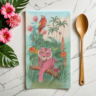 Pink Tiger and Parrot Tropical Jungle Tea Towel