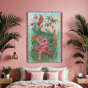 Pink Tiger and Parrot Tropical Jungle Throw Blanket