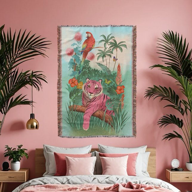 Pink Tiger and Parrot Tropical Jungle | Throw Blanket (Creator Uploaded)