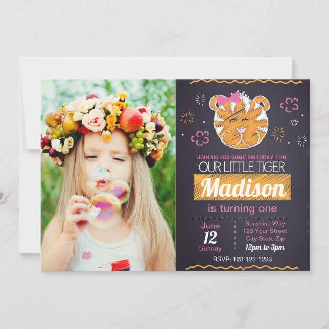 Pink Tiger Birthday Invitation with photo (Front)