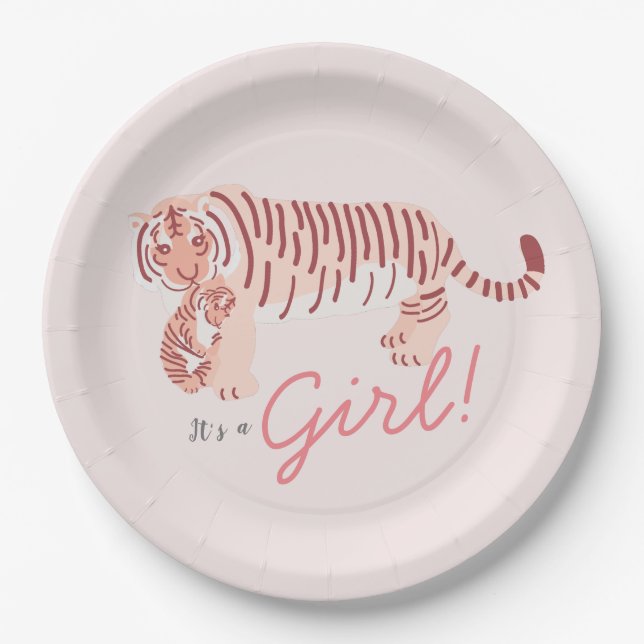 Pink Tiger & Cub Girl Baby Shower Paper Plate (Front)