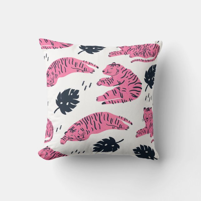 Pink tiger lies in various positions. Tropical lea Cushion (Front)