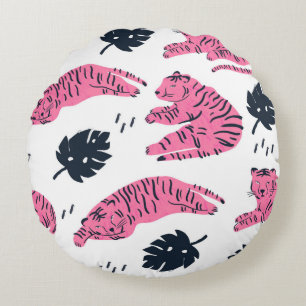 Pink tiger lies in various positions. Tropical lea Round Cushion