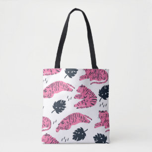 Pink tiger lies in various positions. Tropical lea Tote Bag