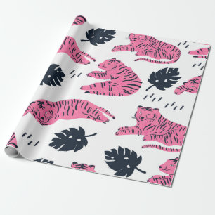 Pink tiger lies in various positions. Tropical lea Wrapping Paper