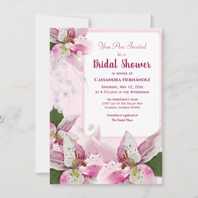 Pink Tiger Lily Pearls Spring Bridal Shower Invitation (Front)