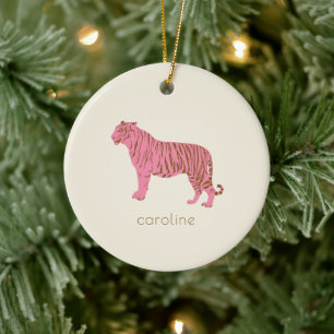 Pink Tiger Personalised Name Preppy Christmas Ceramic Ornament