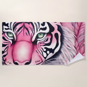 Pink tiger, tiger face beach towel
