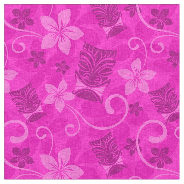 Pink Tiki Masks Hawaiian Fabric (Close Up)