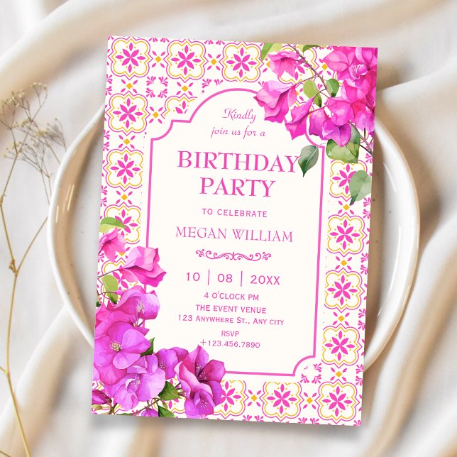 Pink tile floral birthday invitation (Creator Uploaded)