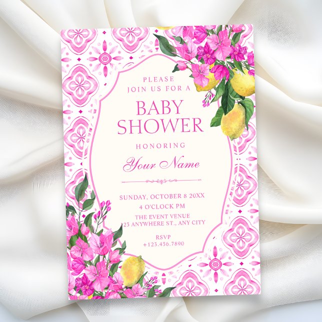 Pink tile pattern floral art baby shower invitation (Creator Uploaded)