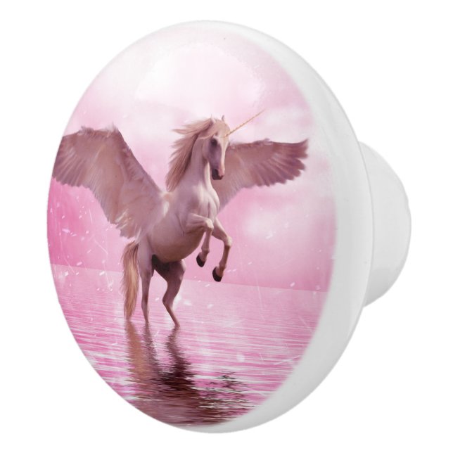 Pink Tinted Pegasus Flying Horse on Ocean Dresser Ceramic Knob (Right)